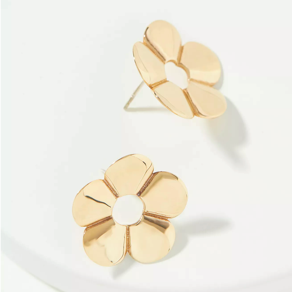 Metal Daisy Flower Stud Earrings - Gold